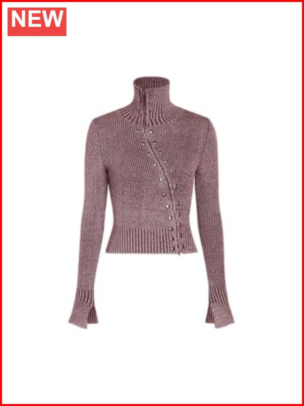 Zipper Cardigan Cropped Sweater Rivet Turtleneck Long Sleeve Knit